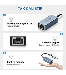Inca IUTP-01TX Ethernet Adaptörü USB ve TYPE-Cye Bağlantı USB 3.0 ve TYPE-C 3.1 Alüminyum 1000Mbps