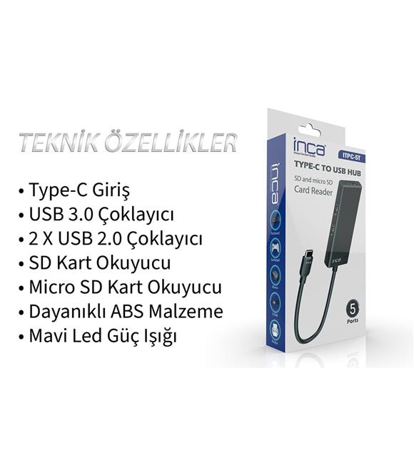 Inca ITPC-5T Type-C Giriş 2XUSB Sd-Micro Sd2.0 Çoklayıcı USB 3.0 Çoklayıcı Çevirici Mavi Led