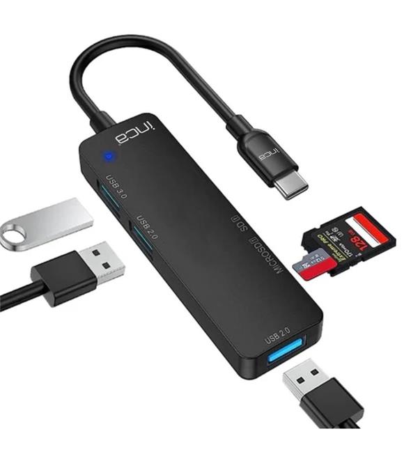 Inca ITPC-5T Type-C Giriş 2XUSB Sd-Micro Sd2.0 Çoklayıcı USB 3.0 Çoklayıcı Çevirici Mavi Led