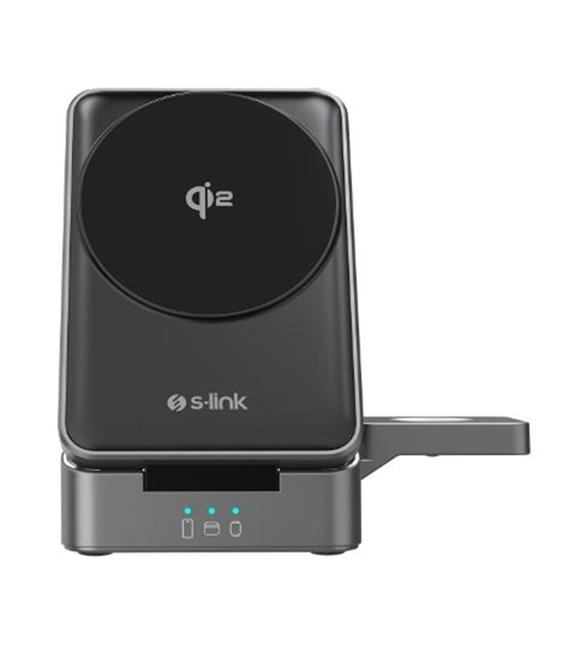 S-link SW-CWF116 Siyah Telefon Kulaklık Akıllı Saat 15W 3 in 1 Magsafe Qi2 Kablosuz Şarj Cihazı