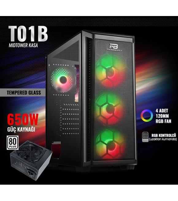 PowerBoost VK-T01B 650W 80+ RGB USB 3.0 ATX Mid Tower Kasa