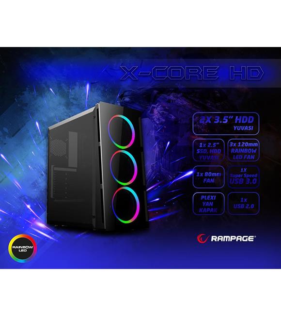 Rampage X-CORE 500W 4 Adet Rainbow Fanlı Pencereli Gaming Oyuncu Kasası