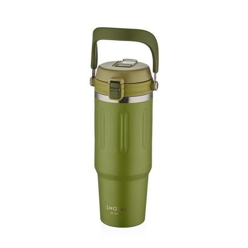 Shotay ST-8168 Çift Kullanım Pipetli/Rahat İçim Yeşil 900ml Çelik Termos Okula Dönüş Kampanyası Termos Matara