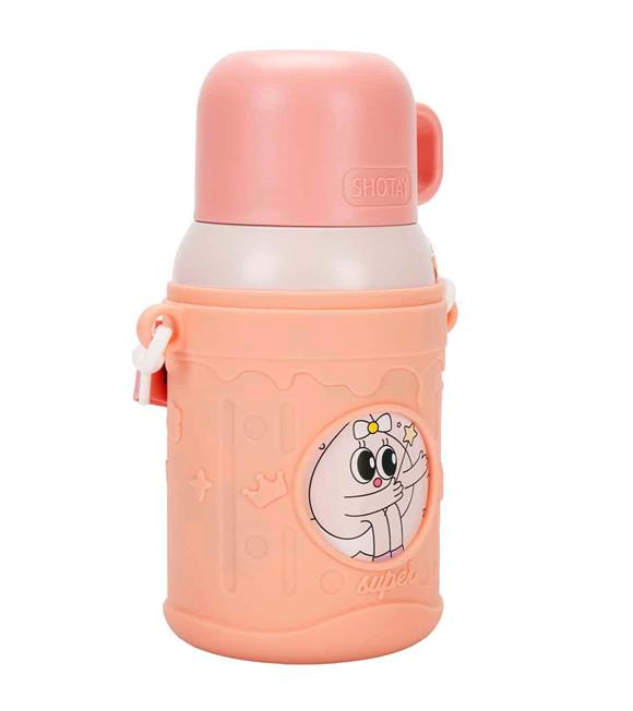 Shotay ST-8817 480ml Askılı Silikon Kılıflı Pipetli Desenli Pembe Çelik Matara
