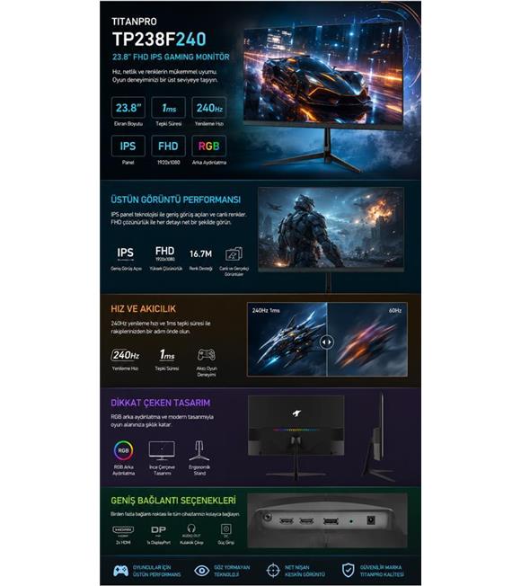 TITANPRO TP238F240 23,8" 1MS 240Hz IPS FHD sRGB Gaming Monitör