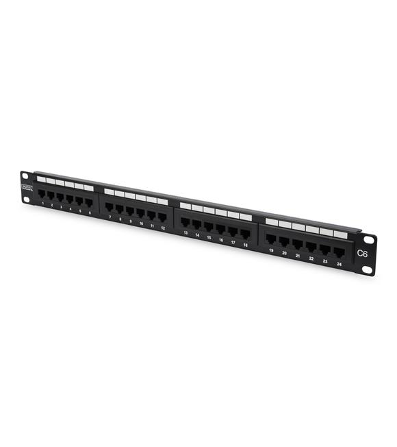 Digitus 19" 24 Port Cat-6 UTP Patch Panel, 8P8C, 50 µ (Mikron), Altın Kontak, LSA, 1U, Zırhsız