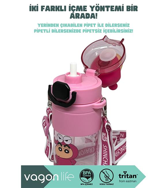 Vagonlife VGN10016 650ml Askılı Pipetli Pembe Tritan Matara
