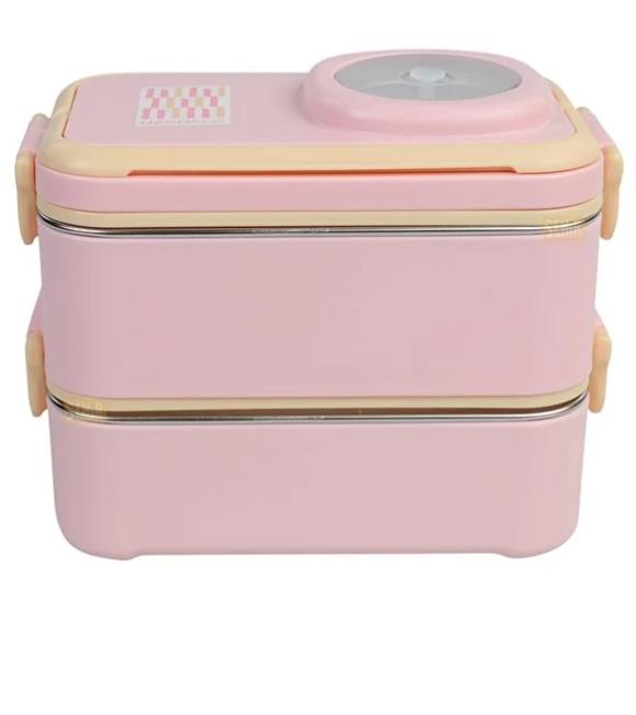 Vagonlife 8023 1200ml 2 Katlı 4 Bölmeli Pembe Çelik Saklama Kabı