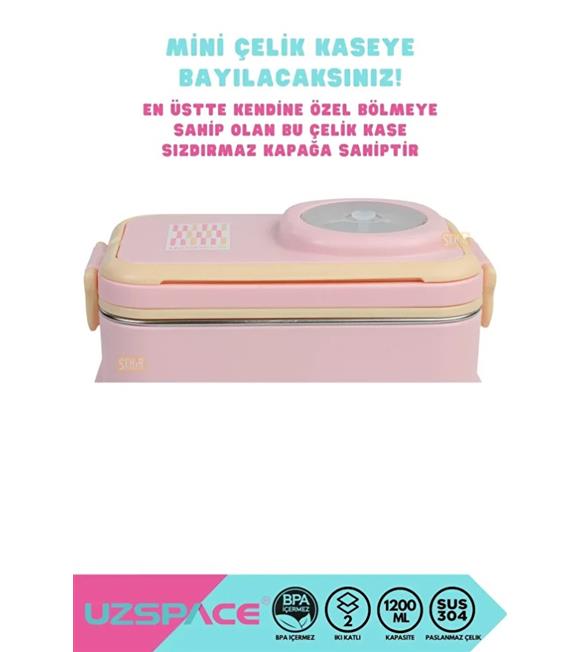 Vagonlife 8023 1200ml 2 Katlı 4 Bölmeli Pembe Çelik Saklama Kabı
