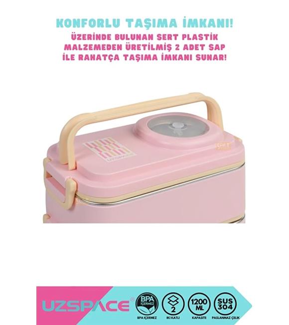 Vagonlife 8023 1200ml 2 Katlı 4 Bölmeli Pembe Çelik Saklama Kabı