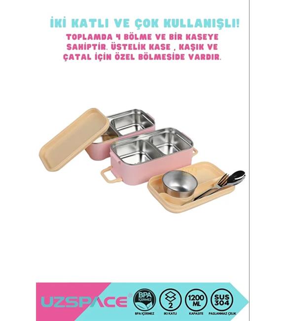 Vagonlife 8023 1200ml 2 Katlı 4 Bölmeli Pembe Çelik Saklama Kabı