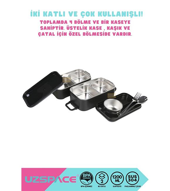 Vagonlife 8023 1200ml 2 Katlı 4 Bölmeli Siyah Çelik Saklama Kabı