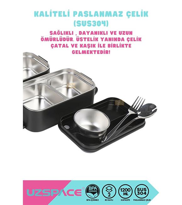 Vagonlife 8023 1200ml 2 Katlı 4 Bölmeli Siyah Çelik Saklama Kabı