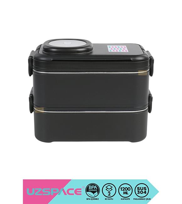 Vagonlife 8023 1200ml 2 Katlı 4 Bölmeli Siyah Çelik Saklama Kabı