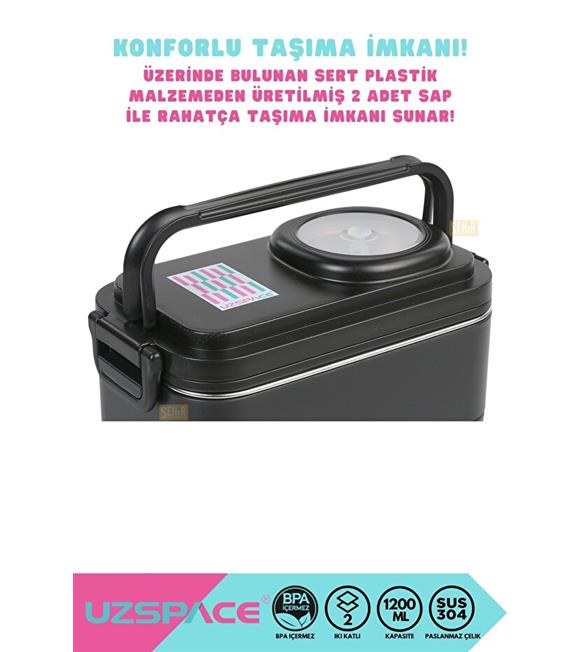 Vagonlife 8023 1200ml 2 Katlı 4 Bölmeli Siyah Çelik Saklama Kabı