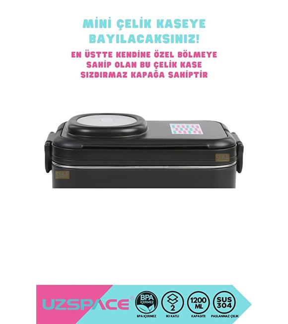 Vagonlife 8023 1200ml 2 Katlı 4 Bölmeli Siyah Çelik Saklama Kabı