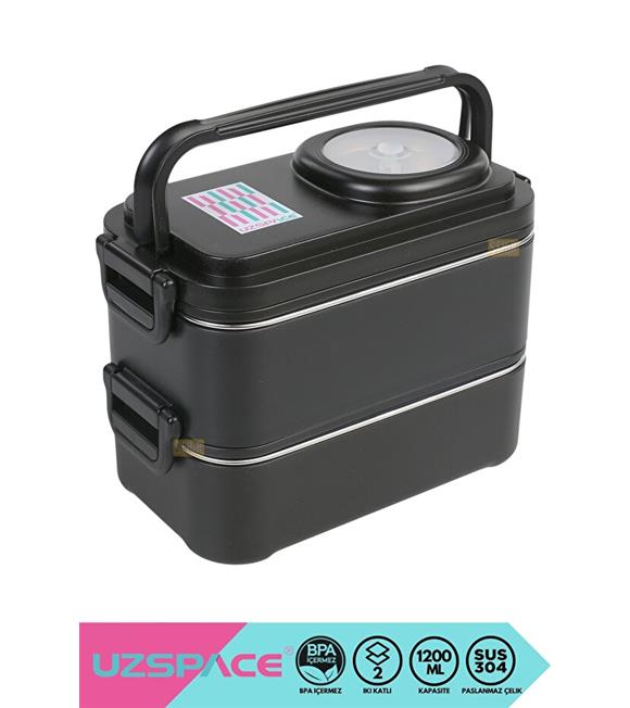 Vagonlife 8023 1200ml 2 Katlı 4 Bölmeli Siyah Çelik Saklama Kabı